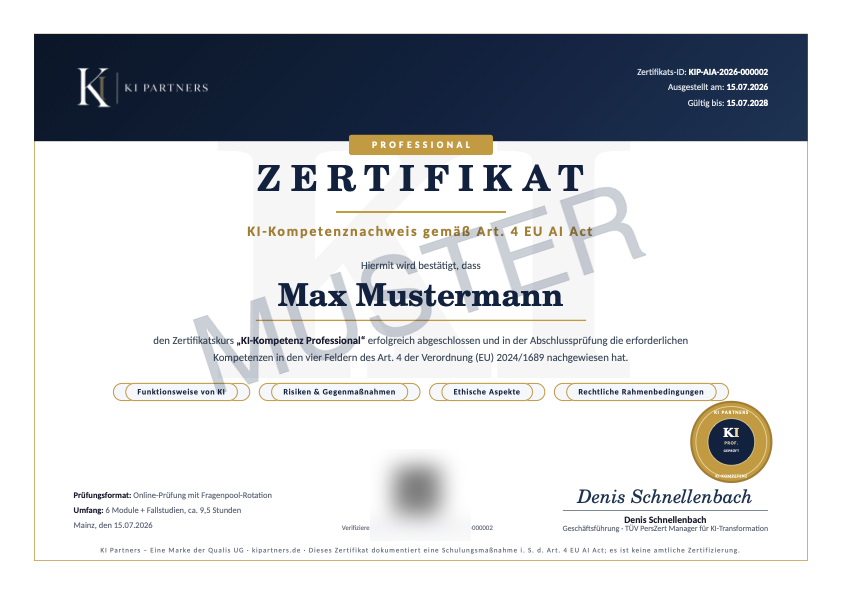 Musterzertifikat KI-Kompetenz Professional